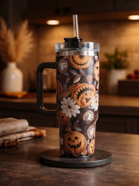 Other - Halloween Pumpkin and Daisy Tumbler with Straw